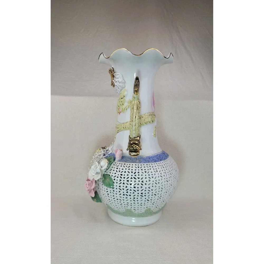 Vintage Large Porcelain Dragon Handle Reticulated Floral Vase Gold‎ Gilt 17 Inch
